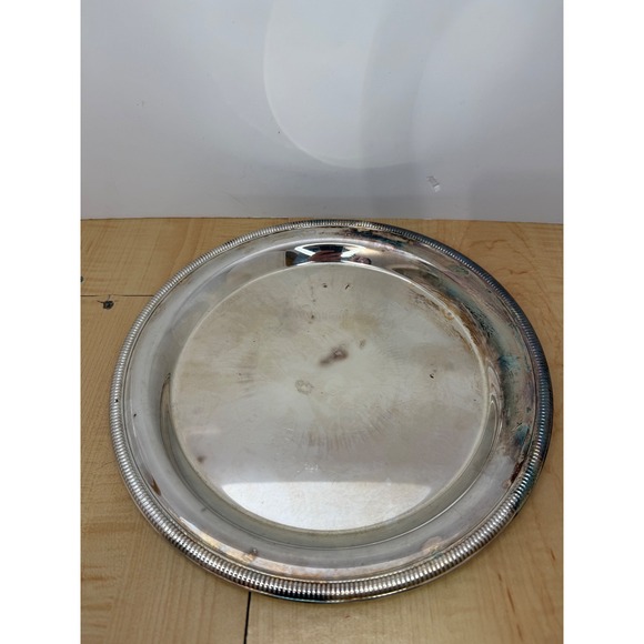 Vintage Silver Plated Round Serving Tray Beaded Rim Platter 12 Inch - Picture 3 of 6